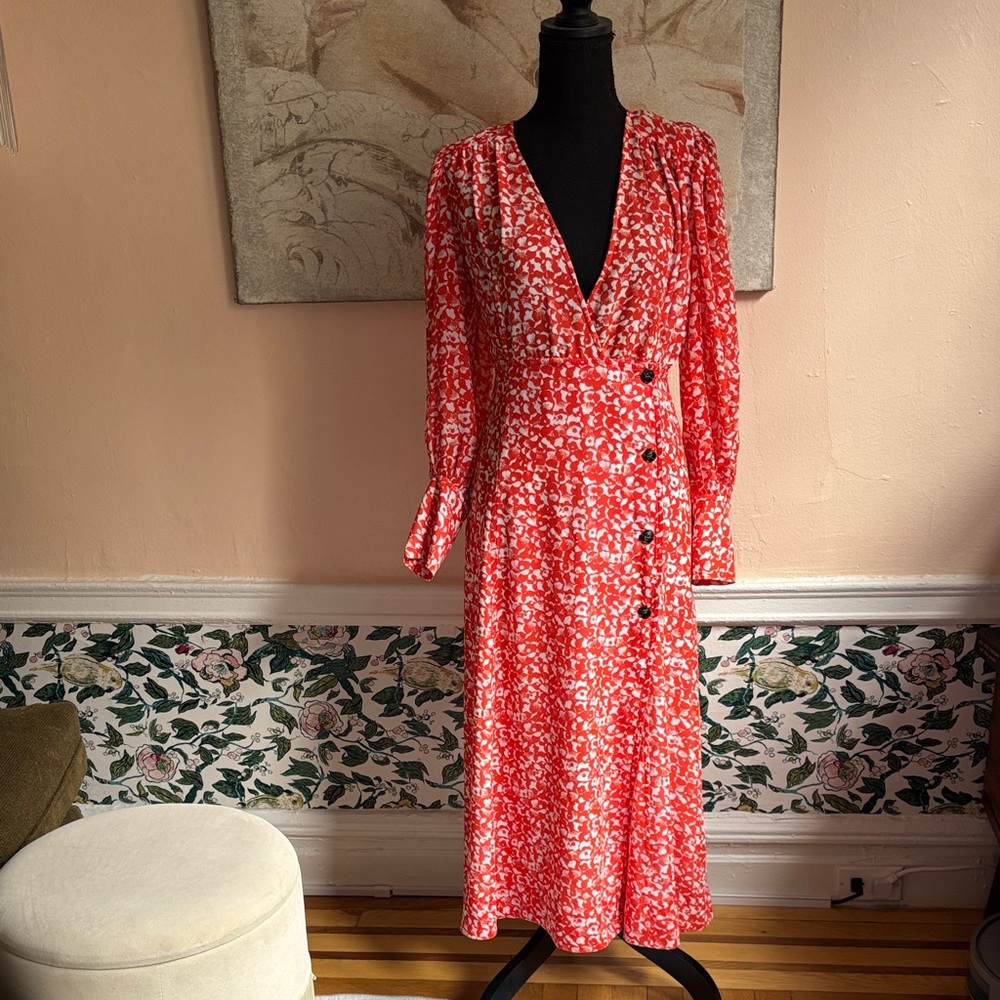 Ganni Red Floral Long Sleeve Dress